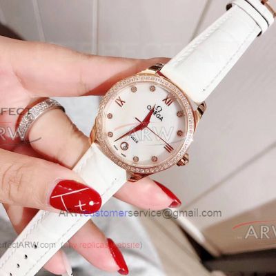 Perfect Replica Omega Deville Rose Gold Diamond Bezel White Leather 32mm Watch 